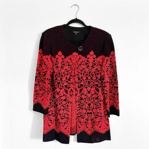 Misook Black Red Lace Look Jacquard Knit Long Jacket